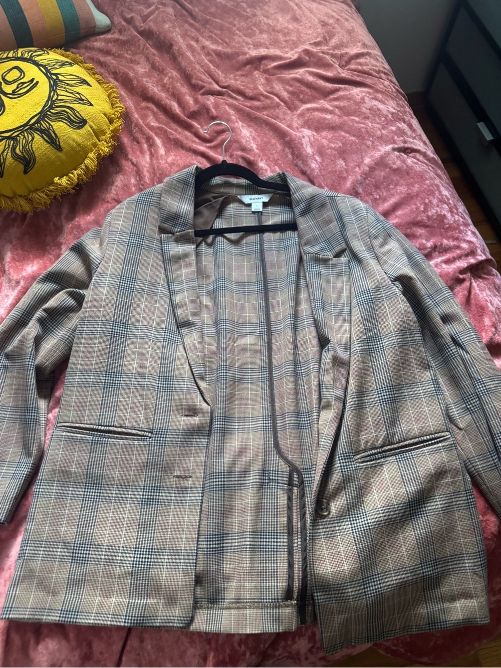 Plaid Womens Blazer in Tan and Gray - Classic Oversized Fit